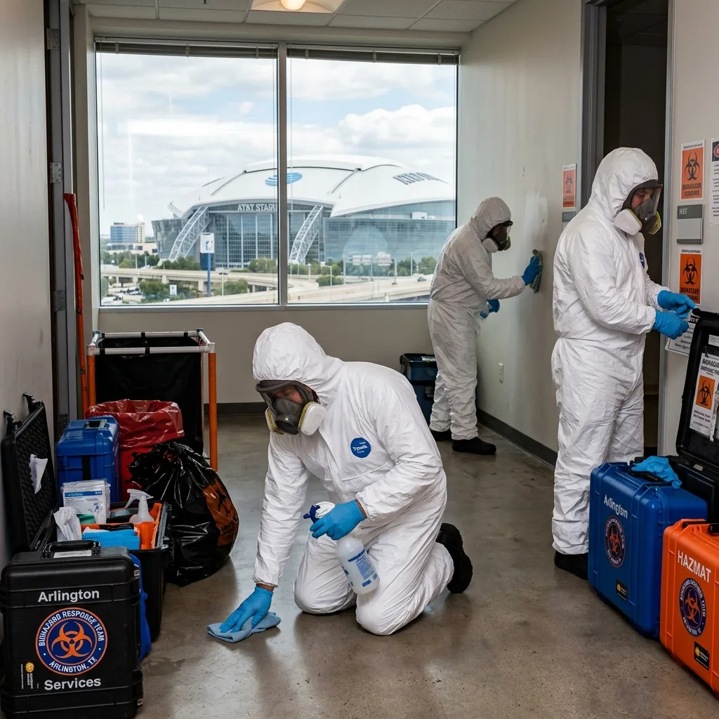 Professional biohazard cleanup crew working inside a commercial building in Arlington TX — certified hazmat workers decontaminating affected area