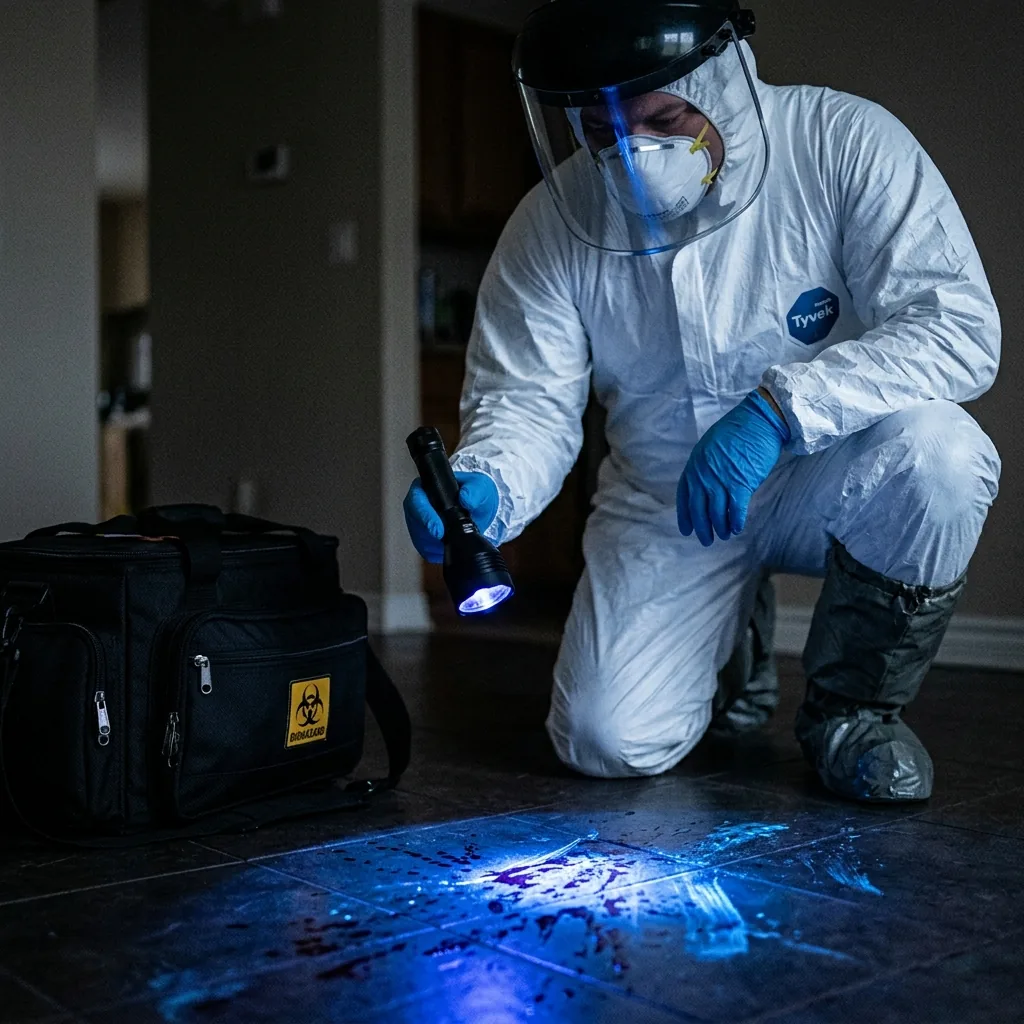 Biohazard Cleanup Blog Fort Worth - Why blood cleanup requires professional handling — UV forensic light revealing contamination in Fort Worth TX