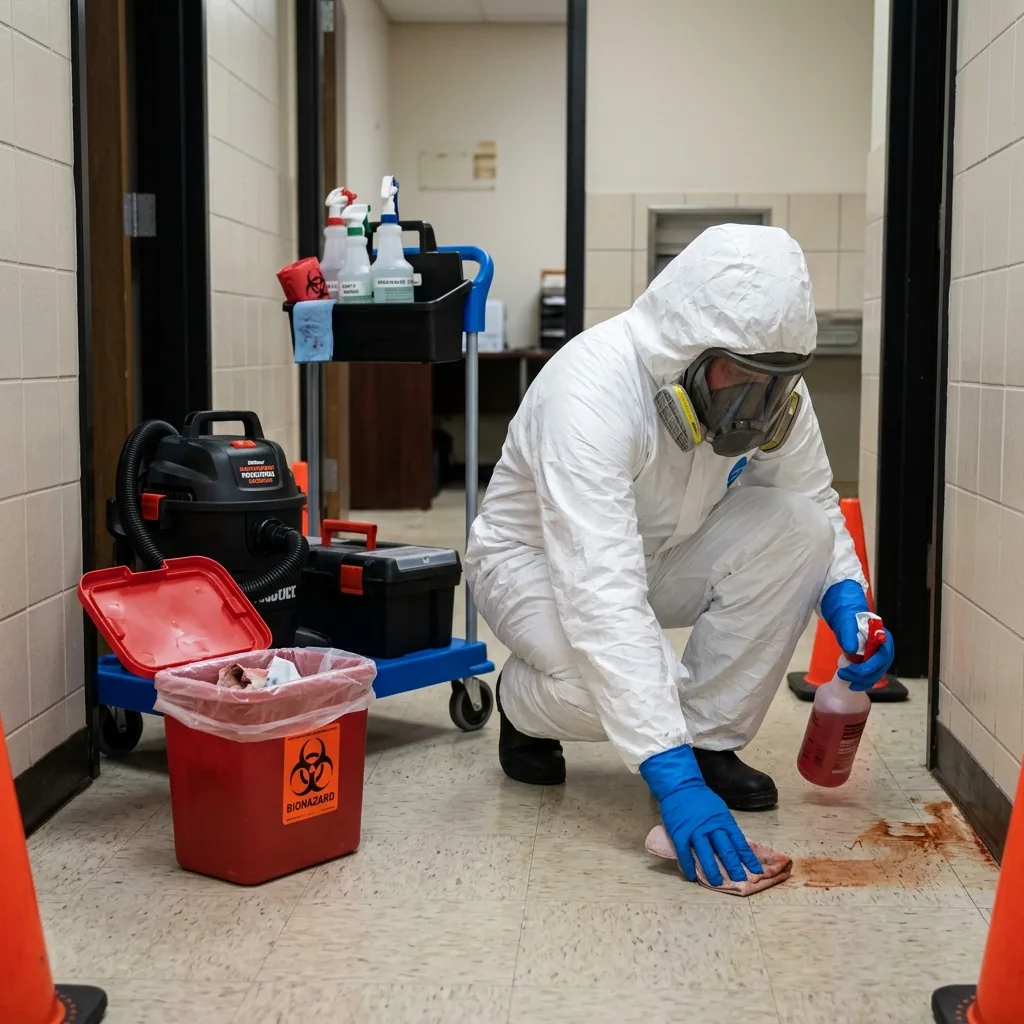 Professional blood cleanup technician demonstrating why certified biohazard remediation is safer than DIY blood cleanup attempts