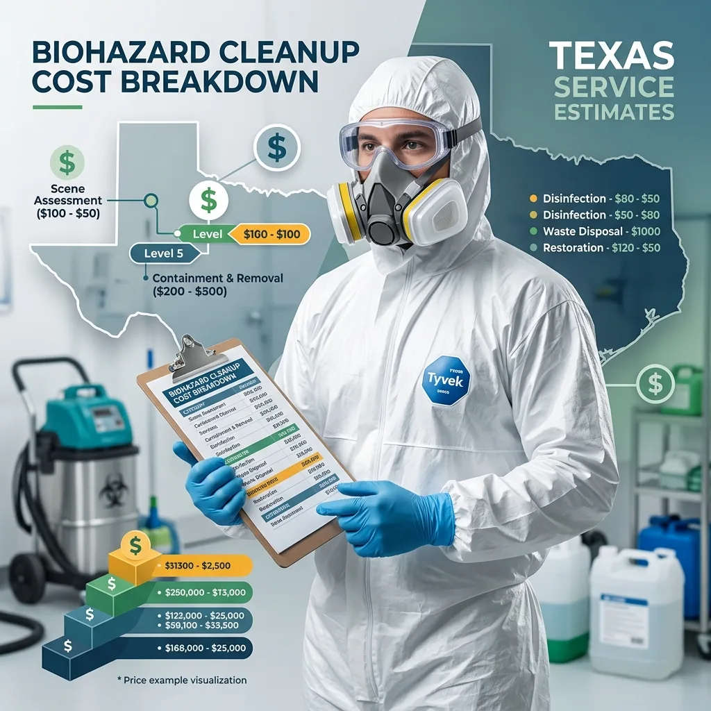 Biohazard cleanup cost breakdown — professional technician reviewing cleanup cost estimates and pricing for Texas biohazard remediation services