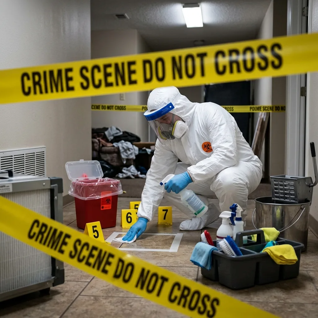 Step-by-step crime scene cleanup — professional technician in hazmat suit carefully cleaning and decontaminating a crime scene area