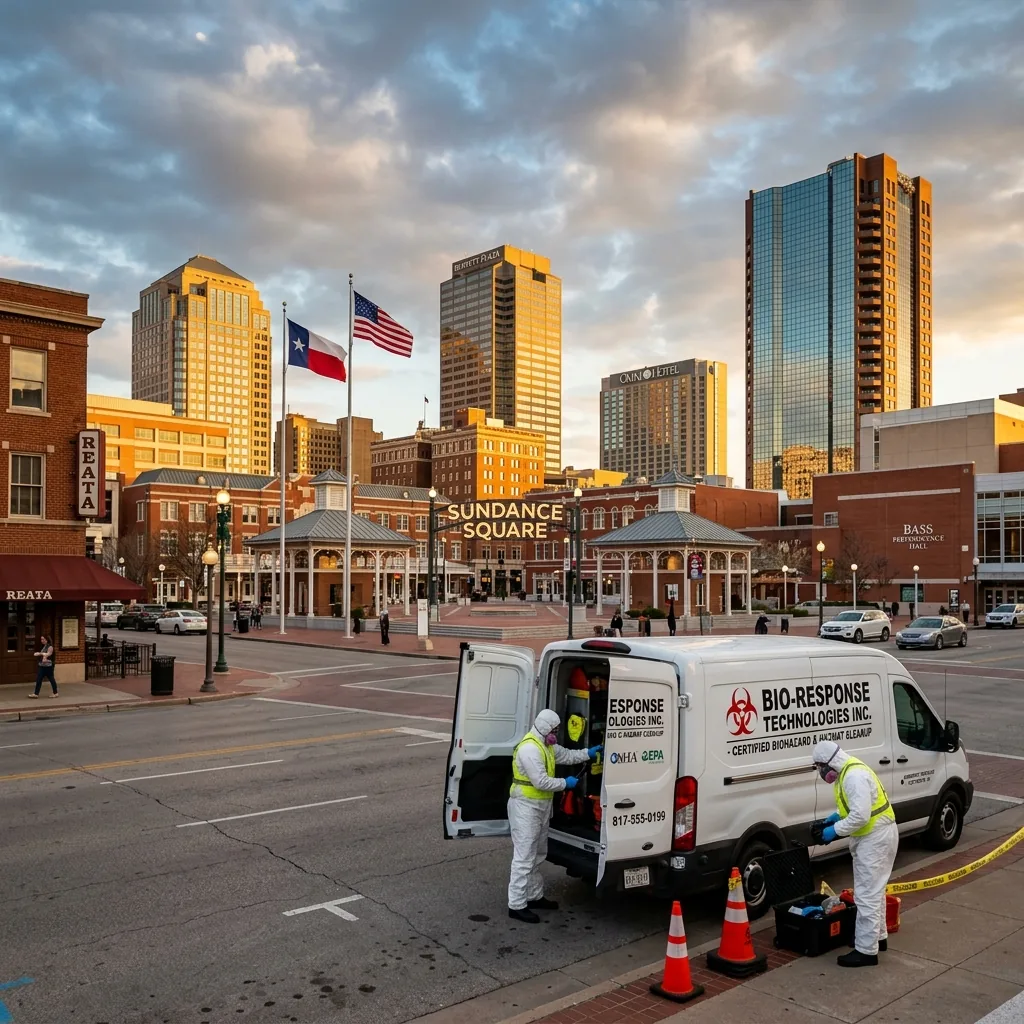 Fort Worth TX skyline with professional biohazard cleanup vehicle — certified hazmat team providing local biohazard remediation services