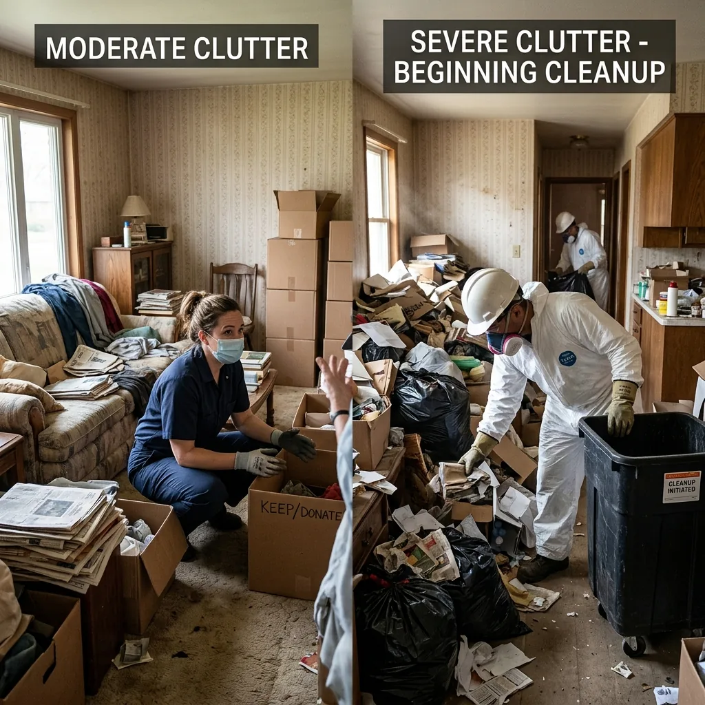 Hoarding cleanup levels comparison — professional crew assessing and cleaning a hoarding situation from moderate to severe levels