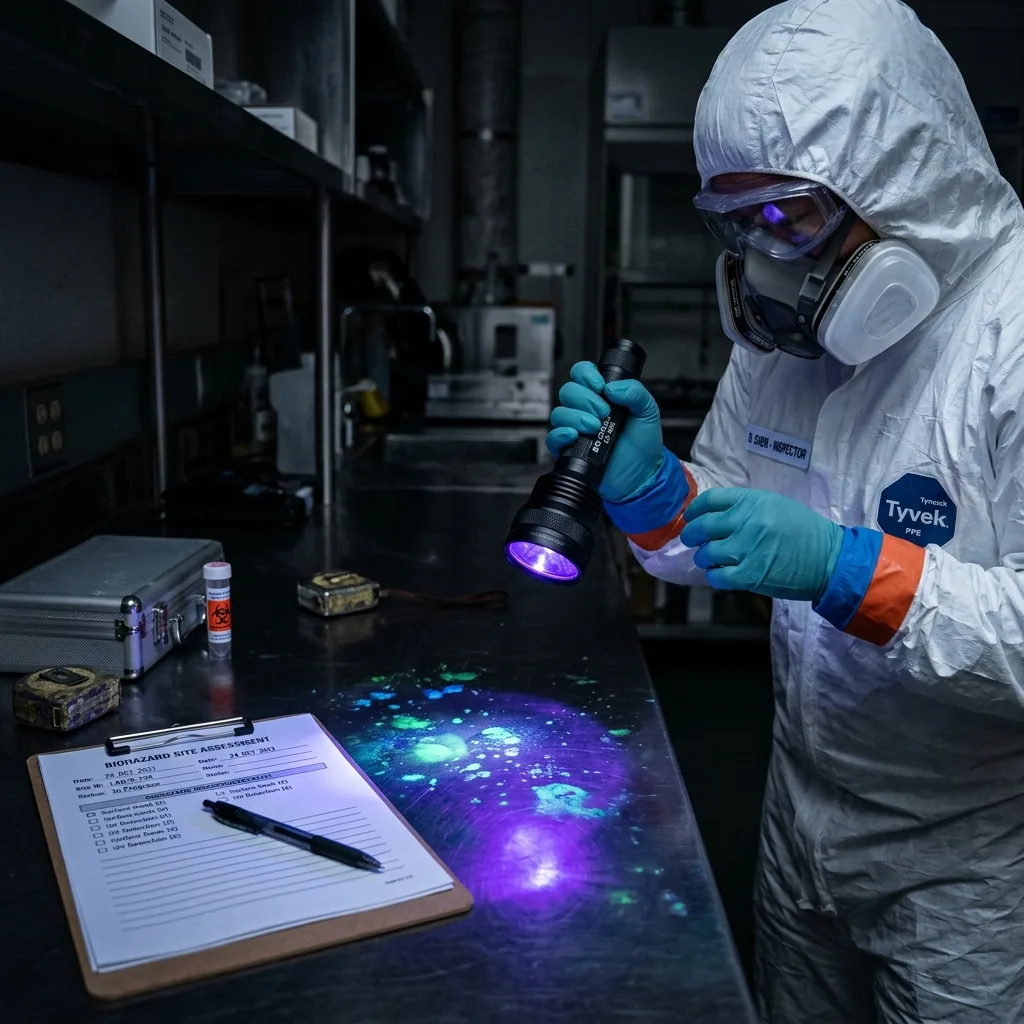 Professional biohazard inspector using UV blacklight to detect biological contamination on surfaces during inspection process