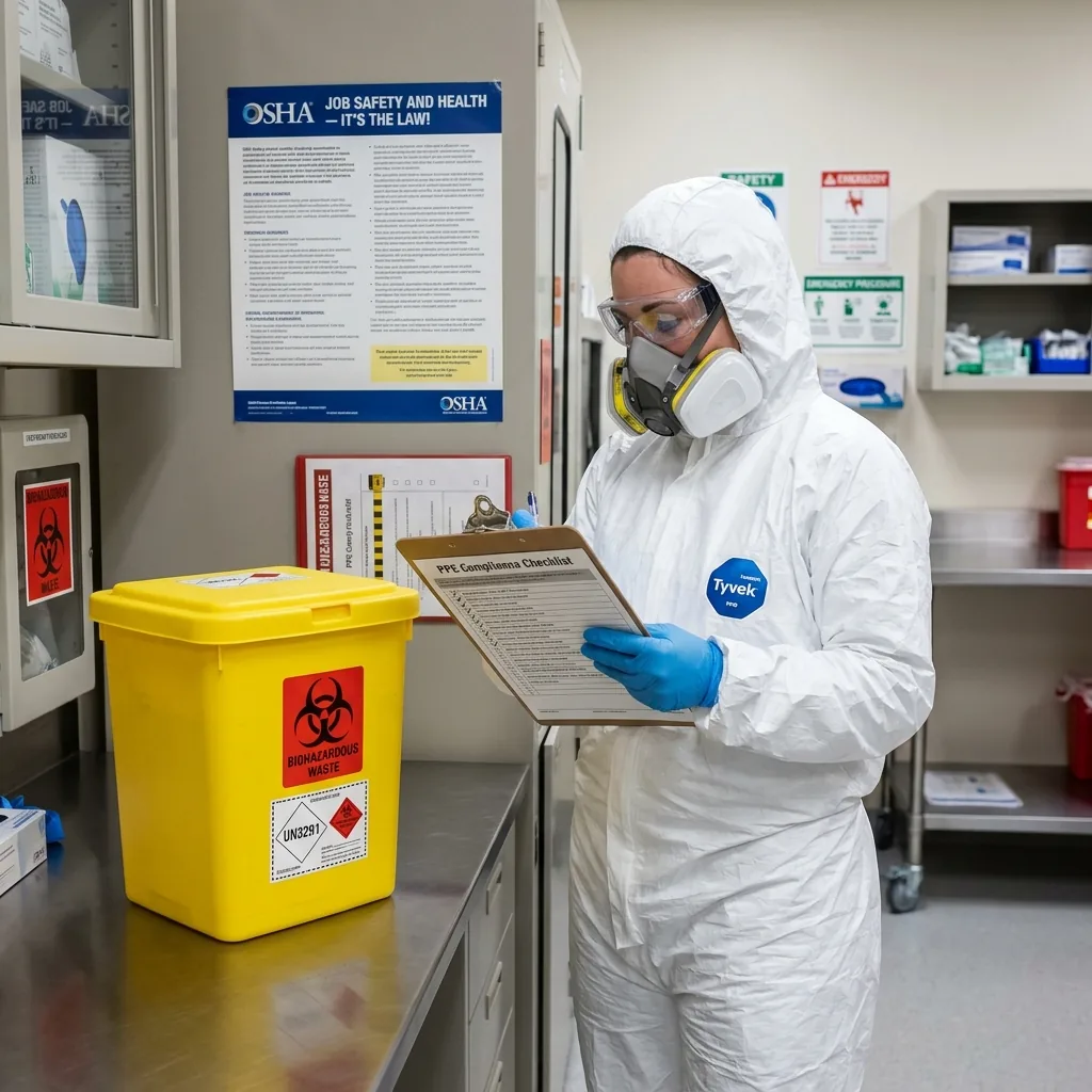 OSHA biohazard safety compliance — professional worker checking PPE equipment and safety protocols against OSHA standards checklist