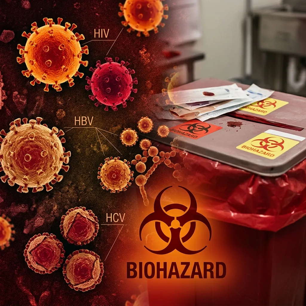 Microscopic visualization of bloodborne pathogens including HIV and Hepatitis on contaminated surfaces — dangers of unprofessional blood cleanup
