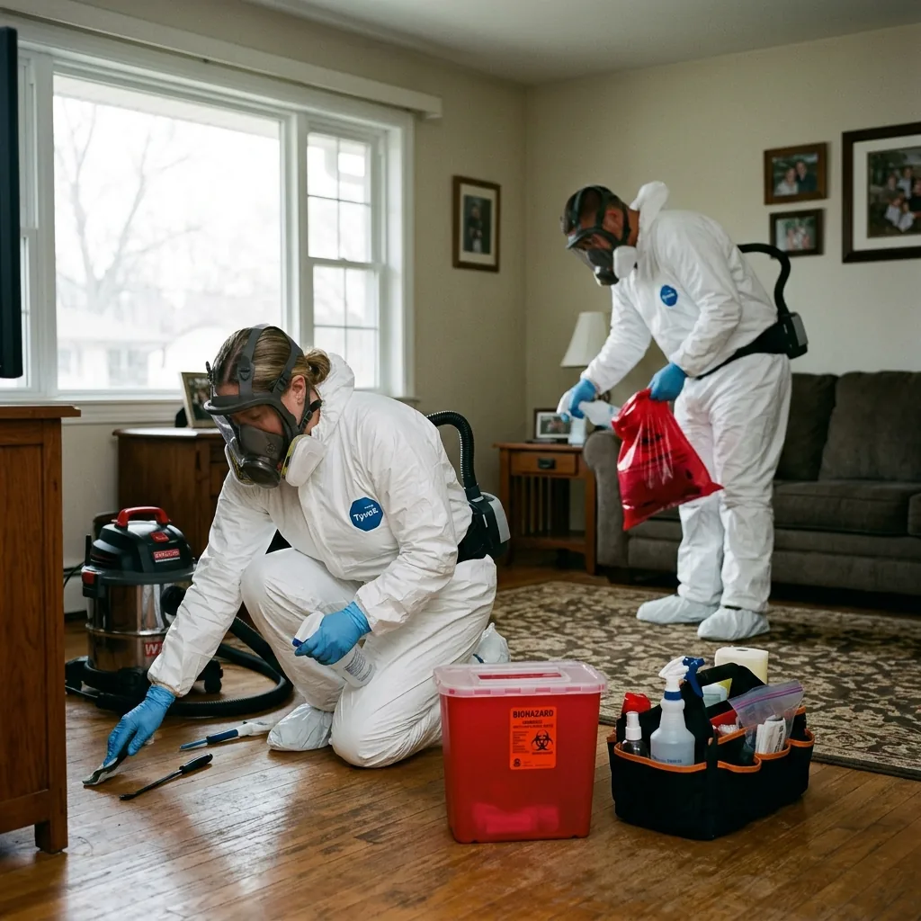 Professional biohazard remediation team carefully working inside a residential property for unattended death cleanup — compassionate and thorough service